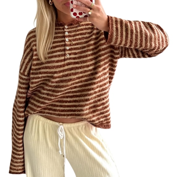 Womens Striped Knit Sweater Long Sleeve Half Button Pullover Top Oversized Casual Fall Knitwear