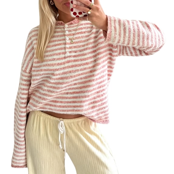 Womens Striped Knit Sweater Long Sleeve Half Button Pullover Top Oversized Casual Fall Knitwear