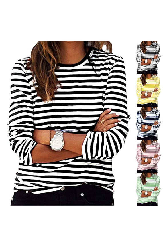 Womens Striped Knit Top Long Sleeve Crew Neck Ribbed Detail Comfort Basic Tee
