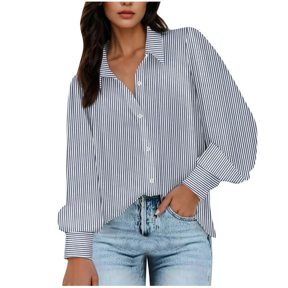 Womens Striped Lapel Collar Tops Lantern Long Sleeve Shirts Fall Loose Fit Casual Trendy Comfy Dressy Work Blouses S-2XL