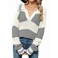 thumbnail image 1 of Womens Striped Lapel Loose Fall Winter V Neck Casual Long Sleeve Color Block Pullover Knit Sweater Gray White  XL, 1 of 6