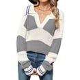 thumbnail image 1 of Womens Striped Lapel Loose Fall Winter V Neck Casual Long Sleeve Color Block Pullover Knit Sweater Gray White  XL, 1 of 6