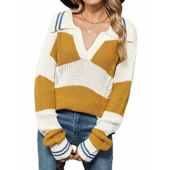 Womens Striped Lapel Loose Fall Winter V Neck Casual Long Sleeve Color Block Pullover Knit Sweater Yellow & White XL