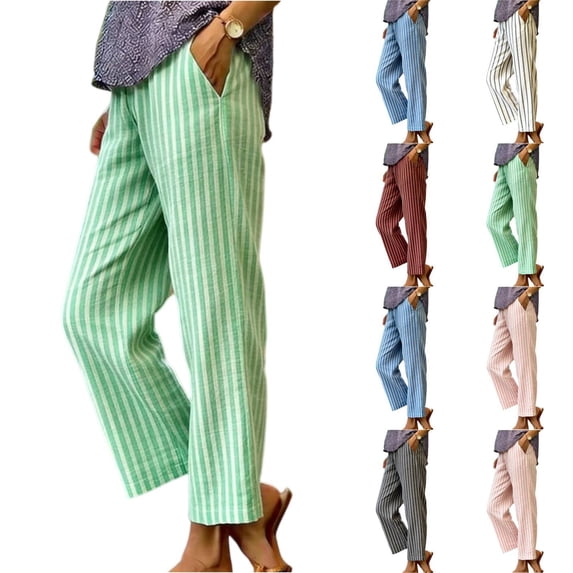 Womens Striped Linen Pants Wide Leg Drawstring Elastic Waist Summer Beach Casual Loose Lightweight Lounge Pants Green S