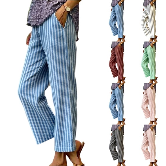 Womens Striped Linen Pants Wide Leg Drawstring Elastic Waist Summer Beach Casual Loose Lightweight Lounge Pants Light Blue M