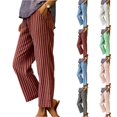 thumbnail image 1 of Womens Striped Linen Pants Wide Leg Drawstring Elastic Waist Summer Beach Casual Loose Lightweight Lounge Pants Wine 2XL, 1 of 4