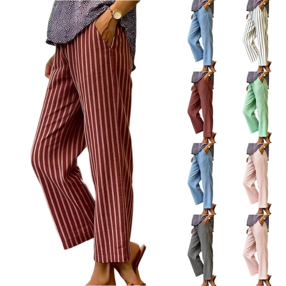 Womens Striped Linen Pants Wide Leg Drawstring Elastic Waist Summer Beach Casual Loose Lightweight Lounge Pants Wine 2XL