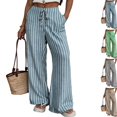 thumbnail image 1 of Womens Striped Linen Wide Leg Pants Drawstring Waist Loose Palazzo Pants with Side Pockets Summer Beach Boho Trousers Blue L, 1 of 7