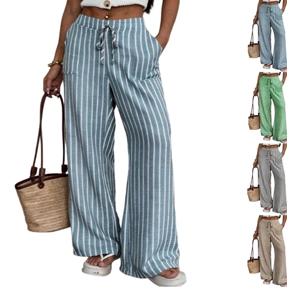 Womens Striped Linen Wide Leg Pants Drawstring Waist Loose Palazzo Pants with Side Pockets Summer Beach Boho Trousers Blue L