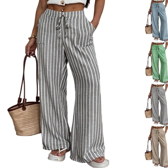 Womens Striped Linen Wide Leg Pants Drawstring Waist Loose Palazzo Pants with Side Pockets Summer Beach Boho Trousers Gray XXL