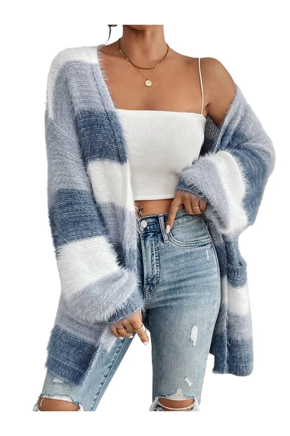 Womens Striped Long Cardigan Sweaters Open Front Oversized Chunky Fuzzy Knit Fall Duster Sweater Coats Light Blue L