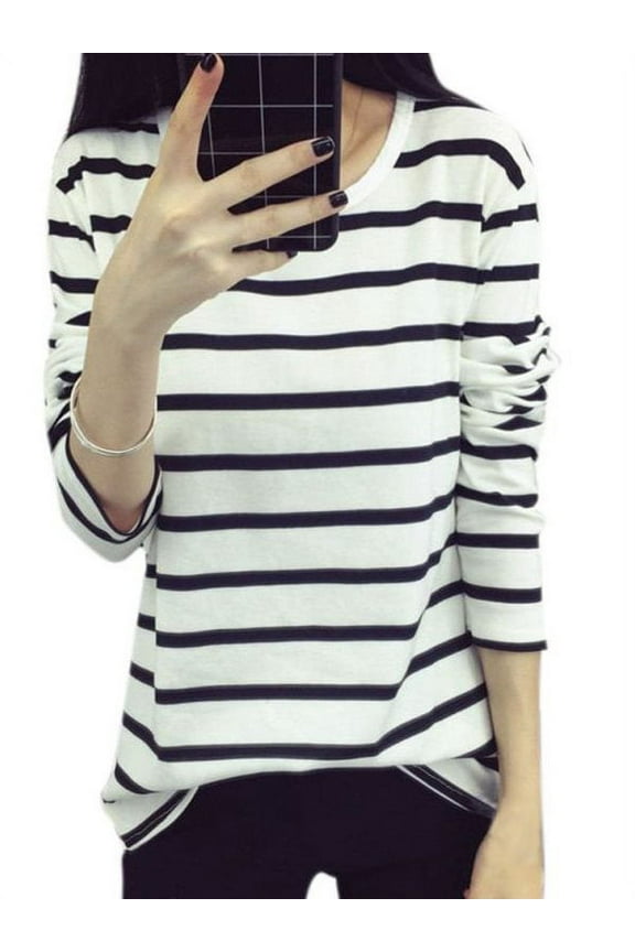 Womens Striped Long Sleeve Cotton T Shirts Blouse Tops