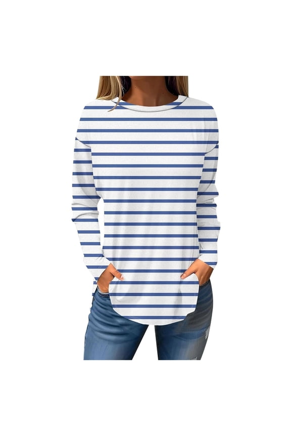 Womens Striped Long Sleeve Plus Size Shirt Crew Neck Tops Breton Loose Fit Tshirt,Sky Blue,S