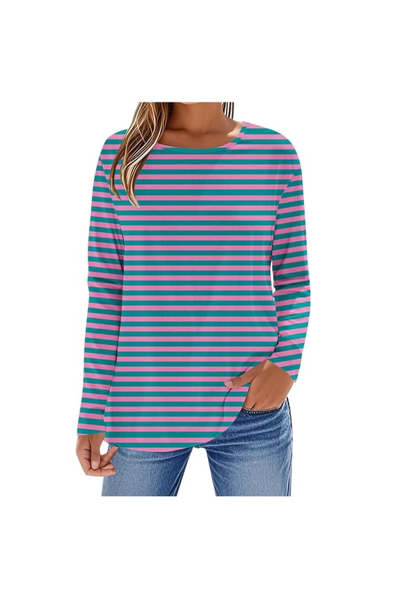 Womens Striped Long Sleeve Shirt Boat Neck Color Block Tops Loose Fit Comfy Cotton Tshirt Basic Fall Tunic Tee