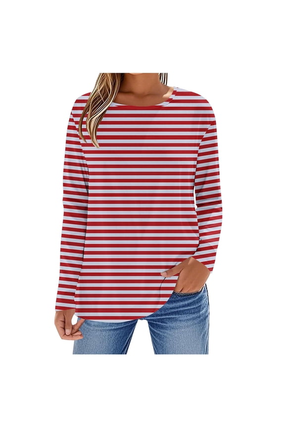 Womens Striped Long Sleeve Shirt Boat Neck Color Block Tops Loose Fit Comfy Cotton Tshirt Basic Fall Tunic Tee
