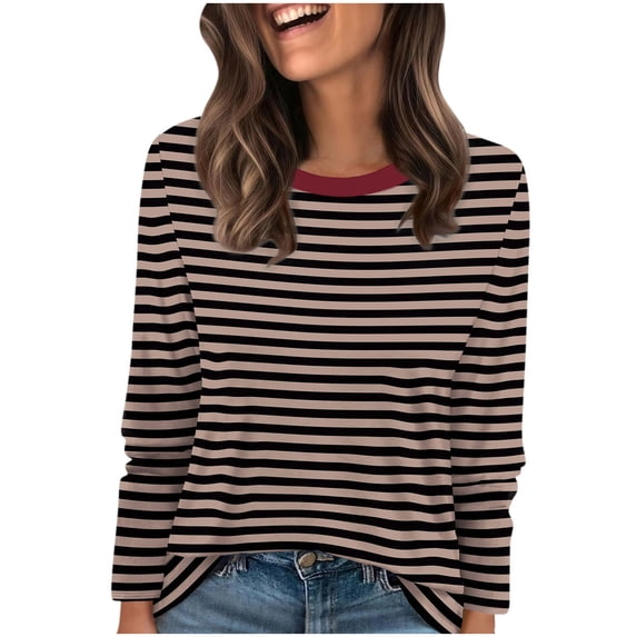 Womens Striped Long Sleeve Shirts Fall Outfits 2026 Color Block Pullover Tops Trendy Clothes Crewneck Tee Blouses (3XL, Coffee)