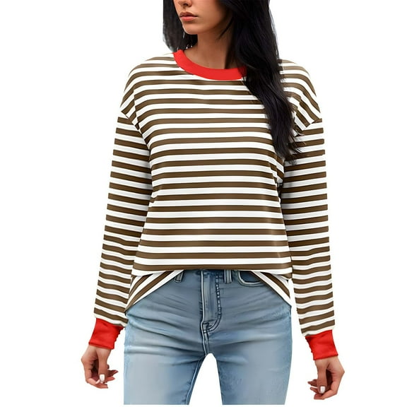 Womens Striped Long Sleeve Shirts Fall Outfits Color Block Tops Fashion Clothing Ribbed Crewneck Tee Blouses