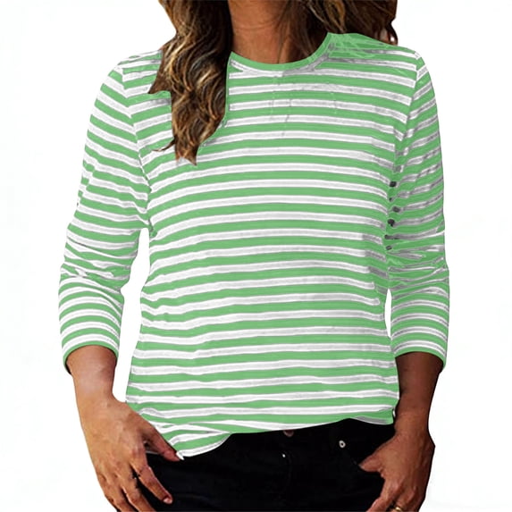 Womens Striped Long Sleeve Shirts Spring Outfits Color Block Tops Fashion Clothing Ribbed Crewneck Tee Blouses