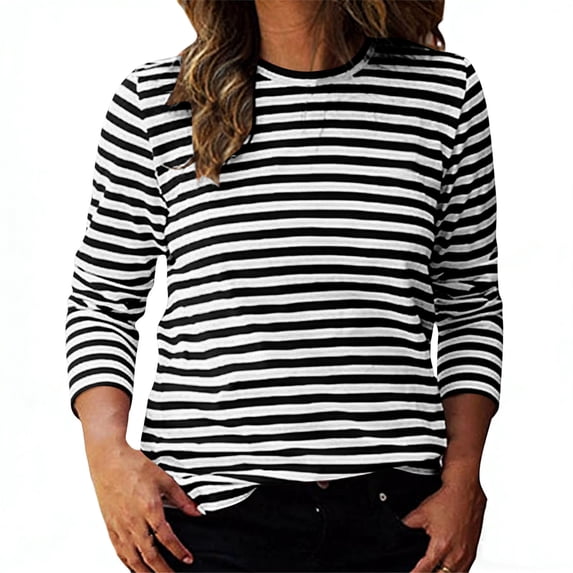 Womens Striped Long Sleeve Shirts Spring Outfits Color Block Tops Fashion Clothing Ribbed Crewneck Tee Blouses