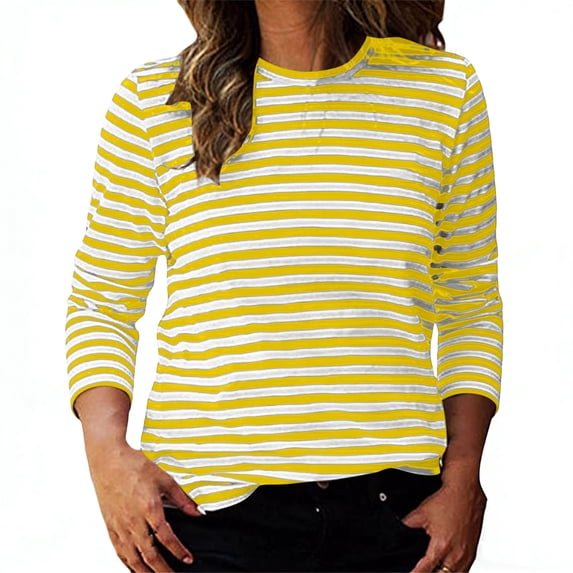 Womens Striped Long Sleeve Shirts Spring Outfits Color Block Tops Fashion Clothing Ribbed Crewneck Tee Blouses