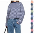 thumbnail image 1 of Womens Striped Long Sleeve Shirts Y2k Oversized Drop Shoulder Sweatshirt Crewneck Color Block Pullover Tops Navy M, 1 of 6