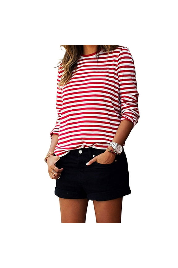 Womens Striped Long Sleeve T Shirt Cotton Striped Tops Basic T Shirt Casual Pullover Tops Blouse