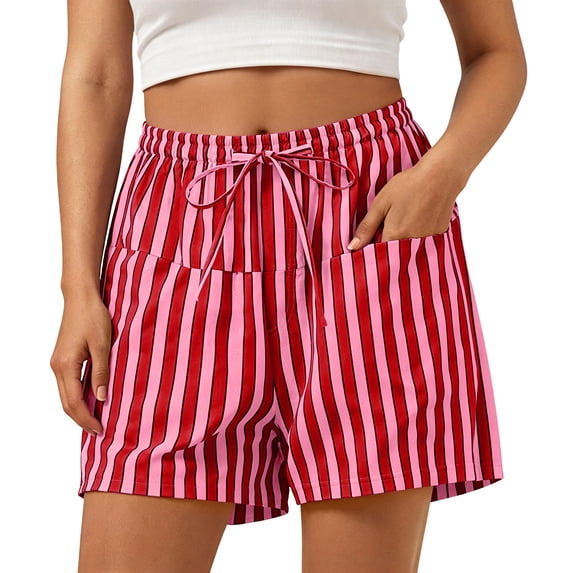 Womens Striped Lounge Shorts High Waisted Drawstring Casual Summer Shorts Color Block Beach Bottoms with Pockets Red
