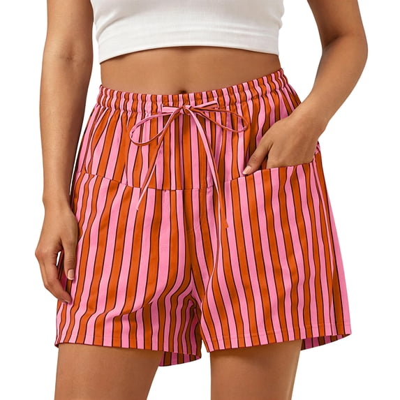 Womens Striped Lounge Shorts High Waisted Drawstring Casual Summer Shorts Color Block Beach Bottoms with Pockets Watermelon Red