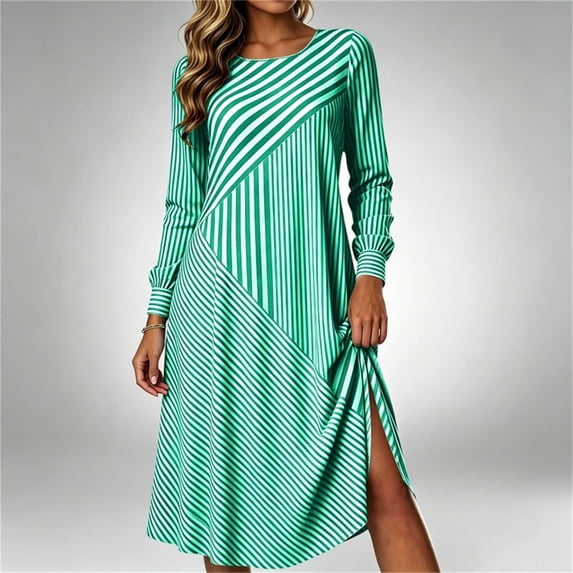 Womens Striped Midi Dresses Long Sleeve Square Neck Trendy Loose Casual Comfortable Dress Green 01 S