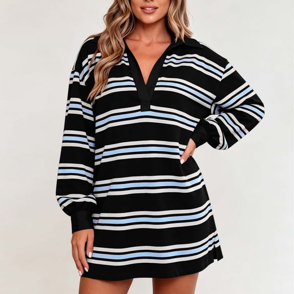 Womens Striped Mini Dress V-Neck Lapel Collar Long Sleeve Shirt Dress Trendy Casual Comfy Loose Clothes Black XL