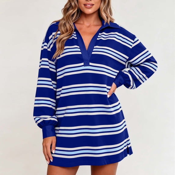 Womens Striped Mini Dress V-Neck Lapel Collar Long Sleeve Shirt Dress Trendy Casual Comfy Loose Clothes Blue S