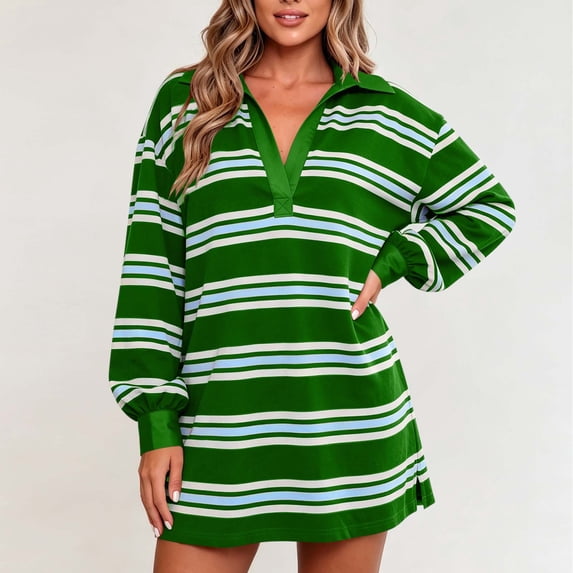 Womens Striped Mini Dress V-Neck Lapel Collar Long Sleeve Shirt Dress Trendy Casual Comfy Loose Clothes Green M