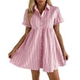 thumbnail image 1 of Womens Striped Mini Shirt Dress Short Sleeve Button Front Turn Down Collar Relaxed Fit Knit Casual Dress Red M, 1 of 4
