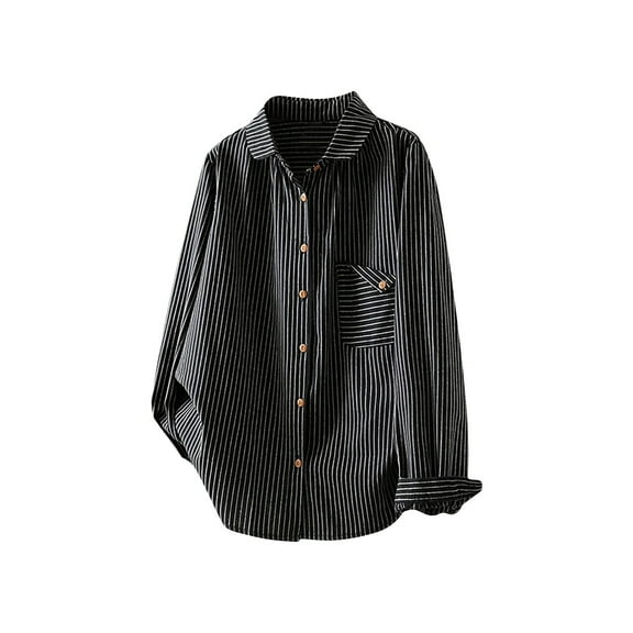 Womens Striped Oversized Shirts Fashion Plus Size Button up Lapel Loose Comfy Blouse Tops Dressy Casual Shirt Black X-Large
