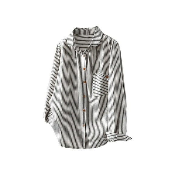 Womens Striped Oversized Shirts Fashion Plus Size Button up Lapel Loose Comfy Blouse Tops Dressy Casual Shirt White Large