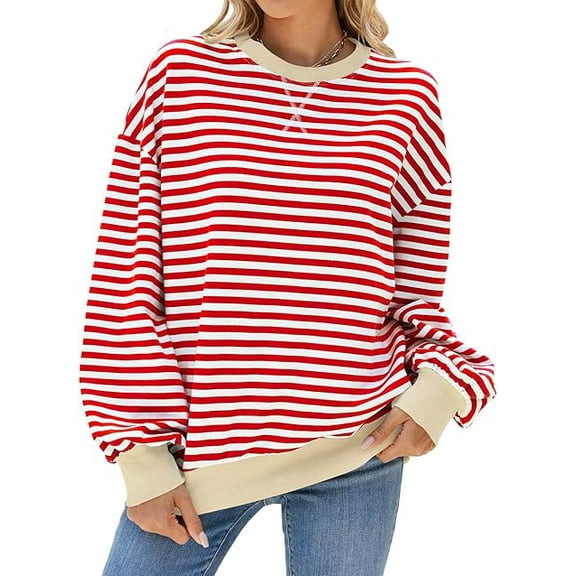 Womens Striped Oversized Sweatshirt Color Block Crew Neck Long Sleeve Casual Loose Color Block Pullover Top Y2K Clothes