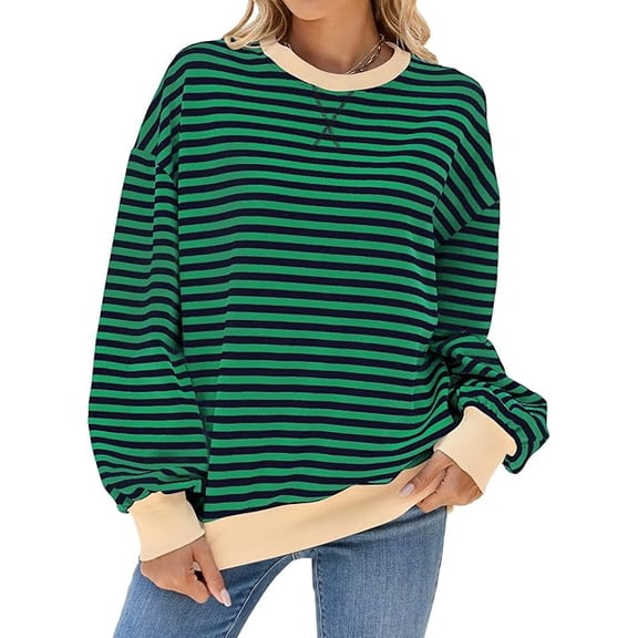 Womens Striped Oversized Sweatshirt Color Block Crew Neck Long Sleeve Casual Loose Color Block Pullover Top Y2K Clothes