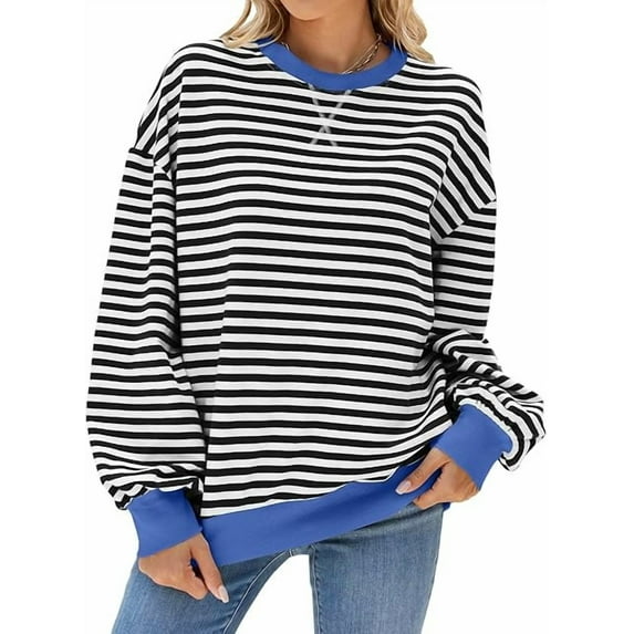 Womens Striped Oversized Sweatshirt Color Block Crew Neck Long Sleeve Casual Loose Color Block Pullover Top Y2K Clothes