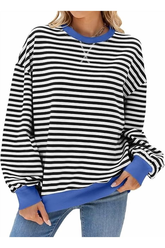 Womens Striped Oversized Sweatshirt Color Block Crew Neck Long Sleeve Casual Loose Color Block Pullover Top Y2K Clothes
