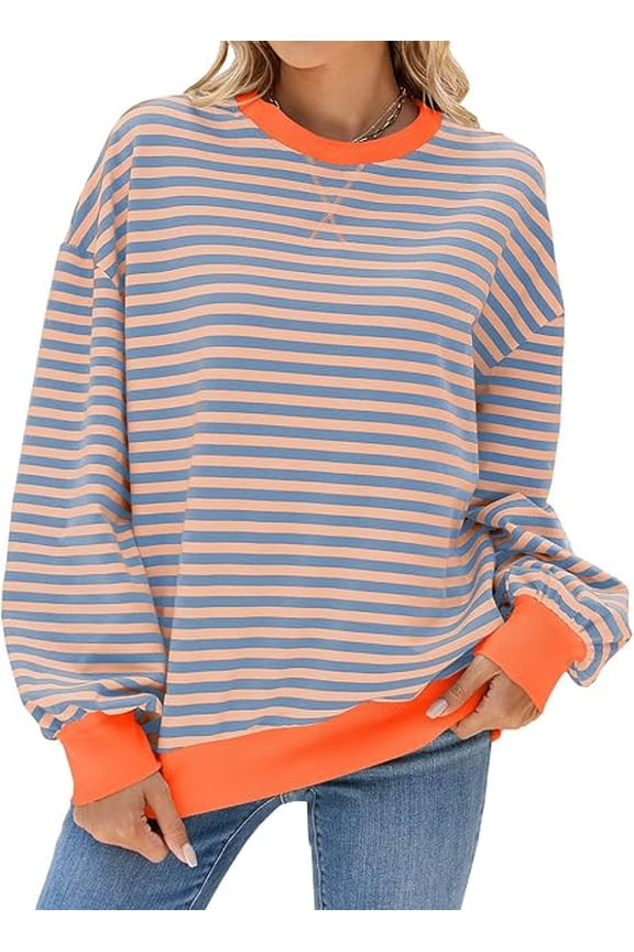 Womens Striped Oversized Sweatshirt Color Block Crew Neck Long Sleeve Casual Loose Color Block Pullover Top Y2K Clothes