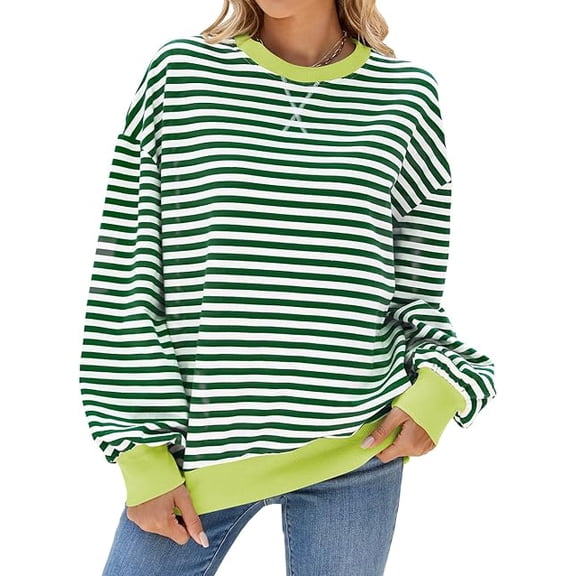 Womens Striped Oversized Sweatshirt Color Block Crew Neck Long Sleeve Casual Loose Color Block Pullover Top Y2K Clothes