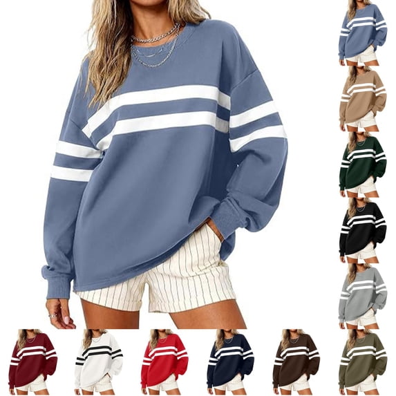 Womens Striped Oversized Sweatshirt Fall Pullover Crewneck Color Block Sweatshirts Loose Long Sleeve Tunic Casual Trendy Fall Outfits S
