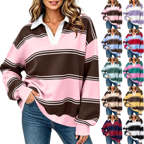 Womens Striped Oversized Sweatshirt Lightweight Fall Clothes V Neck Sweatshirts Women Long Sleeve Casual Loose Pullover Top Color Block Y2K Outfits Fashion Clothing