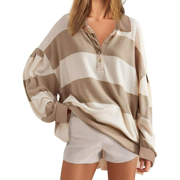 Womens Striped Oversized Sweatshirt Long Sleeve Collared V Neck Shirts Casual Loose Business Work Blouses Fall Lightweight Pullover