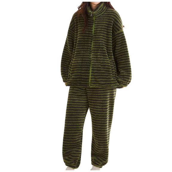 Womens Striped Pajama Set, 2 Piece Zipper Top with Pocket Warm Fleece Sleepwear Stand Collar Top and Pants Heavyweight Cozy Loungewear Ladies Pjs