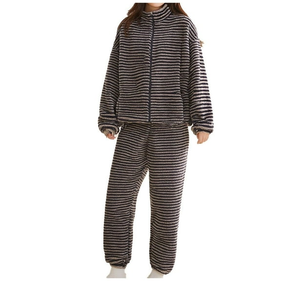 Womens Striped Pajama Set, 2 Piece Zipper Top with Pocket Warm Fleece Sleepwear Stand Collar Top and Pants Heavyweight Cozy Loungewear Ladies Pjs