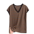 thumbnail image 1 of Womens Striped Pajamas Plus Size Tops Summer Cap Sleeve V Neck Modal T Shirts Comfort Pullover Sleepwear Loungewear Coffee, 5XL, 1 of 3