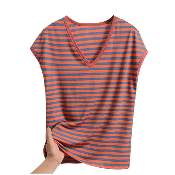 Womens Striped Pajamas Plus Size Tops Summer Cap Sleeve V Neck Modal T Shirts Comfort Pullover Sleepwear Loungewear Red, 5XL