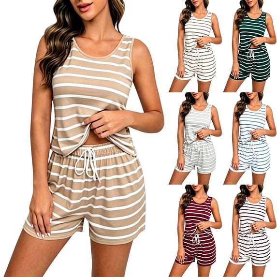 Womens Striped Pajamas Set 2 Piece Soft Stretch Tank Top and Elastic Waist Shorts Sleeveless Sleepwear Matching Loungewear with Pockets, Khaki, S