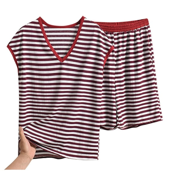 Womens Striped Pajamas Summer 2 Piece Plus Size Lounge Wear Cap Sleeve Tshirt Shorts Sets Modal Sleepwear Pjs Set Wine, 3XL